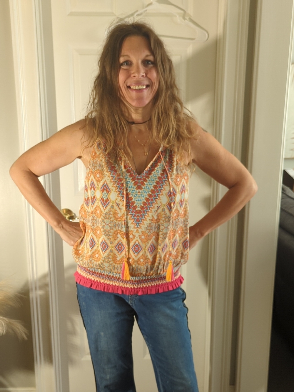 Boho V-Neck Sleeveless Camisole in Orange & Pink
